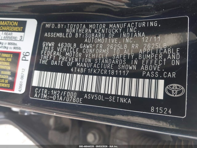 Продаж на аукціоні авто 2012 Toyota Camry Le, vin: 4T4BF1FK7CR181117, номер лоту: 46044328