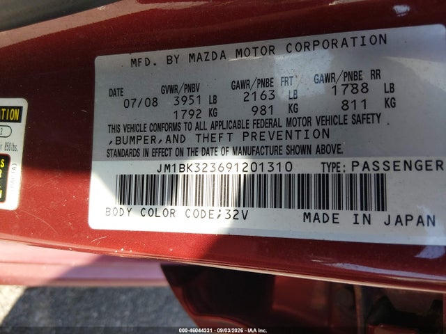 Продаж на аукціоні авто 2009 Mazda Mazda3 S Touring, vin: JM1BK323691201310, номер лоту: 46044331