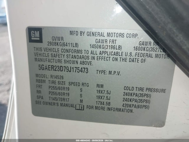 46044343 :رقم المزاد ، 5GAER23D79J175473 vin ، 2009 Buick Enclave Cxl مزاد بيع