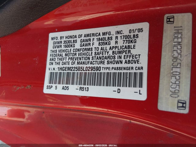 Продаж на аукціоні авто 2005 Honda Civic Lx, vin: 1HGEM22565L029590, номер лоту: 46044356
