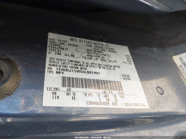 2004 Ford Expedition Xlt მანქანა იყიდება აუქციონზე, vin: 1FMRU15W04LB81907, აუქციონის ნომერი: 46044355