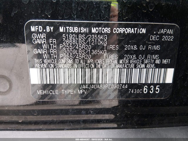 46044357 :رقم المزاد ، JA4J4UA83PZ030744 vin ، 2023 Mitsubishi Outlander Ralliart S-awc/se 2.5 S-awc/se Black Edition S-awc/se Special Editiont S-awc مزاد بيع