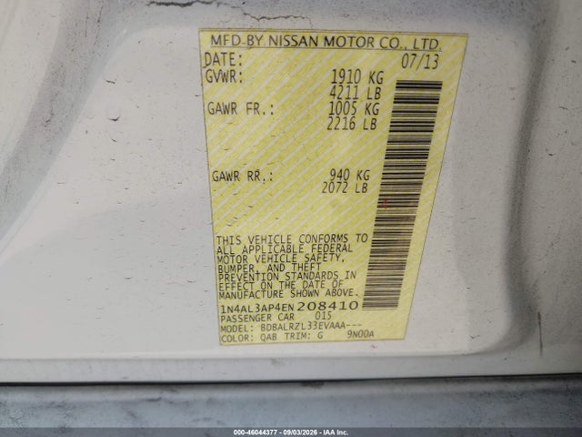 Aukcja sprzedaży 2014 Nissan Altima 2.5 S, vin: 1N4AL3AP4EN208410, numer aukcji: 46044377