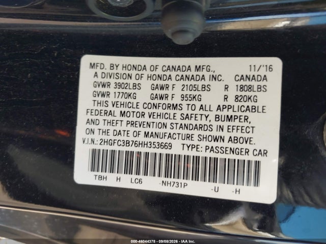 46044378 :رقم المزاد ، 2HGFC3B76HH353669 vin ، 2017 Honda Civic Ex-l مزاد بيع
