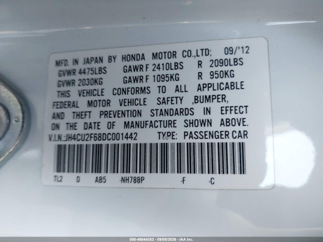 Auction sale of the 2013 Acura Tsx 2.4, vin: JH4CU2F68DC001442, lot number: 46044383