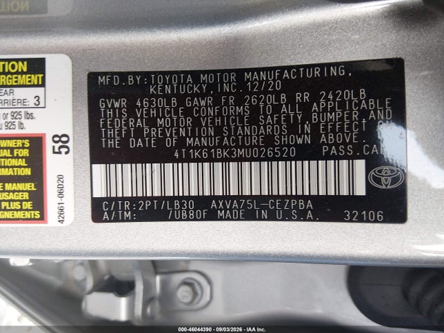 Aukcja sprzedaży 2021 Toyota Camry Xse Awd, vin: 4T1K61BK3MU026520, numer aukcji: 46044390
