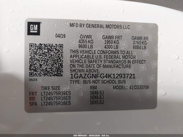 Aukcja sprzedaży 2019 Chevrolet Express 3500 Ls, vin: 1GAZGNFG4K1293721, numer aukcji: 46044391
