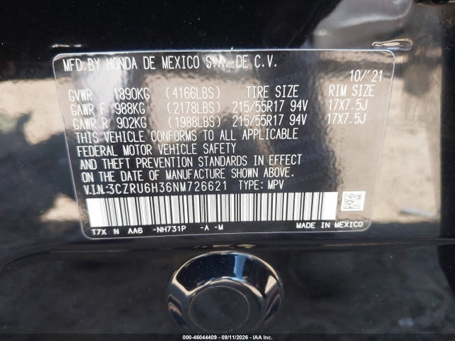Продажа на аукционе авто 2022 Honda Hr-v Awd Lx, vin: 3CZRU6H36NM726621, номер лота: 46044409
