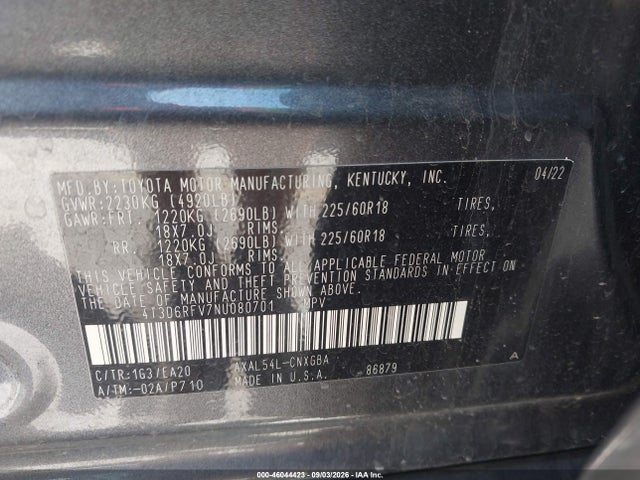 46044423 :رقم المزاد ، 4T3D6RFV7NU080701 vin ، 2022 Toyota Rav4 Hybrid Limited مزاد بيع