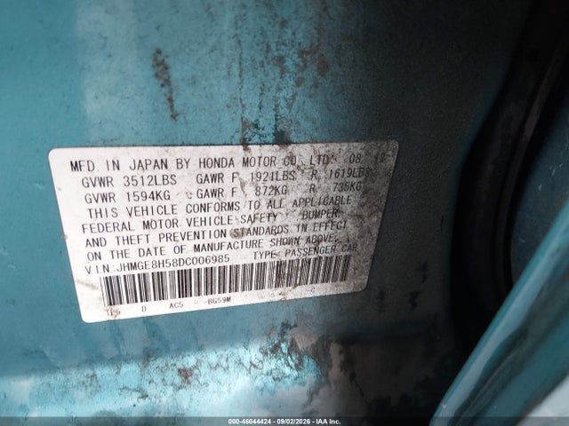 46044424 :رقم المزاد ، JHMGE8H58DC006985 vin ، 2013 Honda Fit Sport مزاد بيع