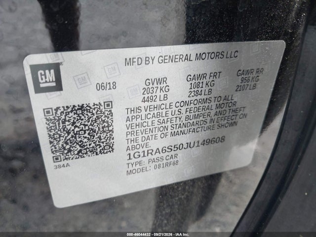 Продаж на аукціоні авто 2018 Chevrolet Volt Lt, vin: 1G1RA6S50JU149608, номер лоту: 46044432