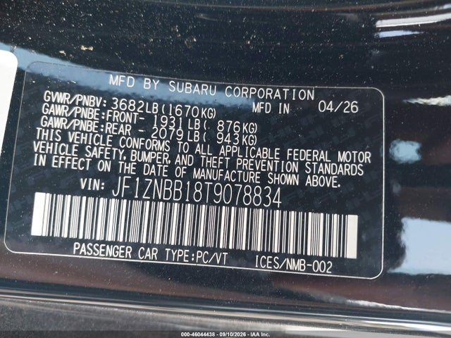 46044438 :رقم المزاد ، JF1ZNBB18T9078834 vin ، 2026 Toyota Gr86 مزاد بيع