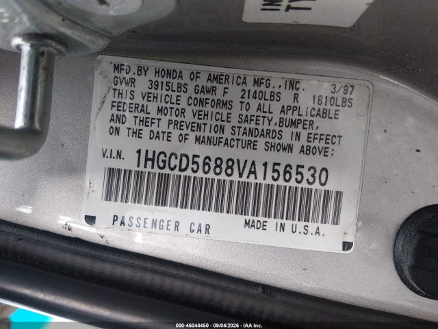 1997 Honda Accord Sdn Value Pkg მანქანა იყიდება აუქციონზე, vin: 1HGCD5688VA156530, აუქციონის ნომერი: 46044450