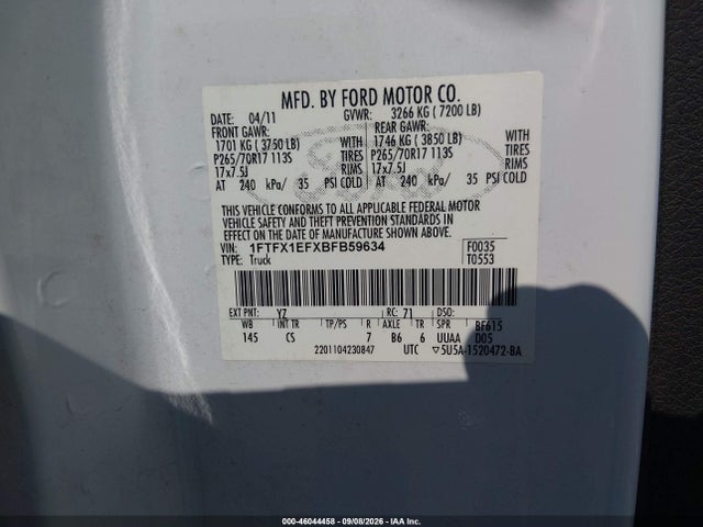 46044458 :رقم المزاد ، 1FTFX1EFXBFB59634 vin ، 2011 Ford F-150 Xl مزاد بيع
