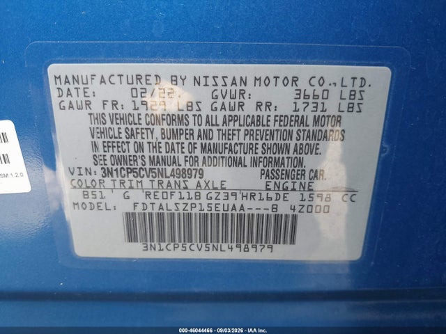 Aukcja sprzedaży 2022 Nissan Kicks Sv Xtronic Cvt, vin: 3N1CP5CV5NL498979, numer aukcji: 46044466
