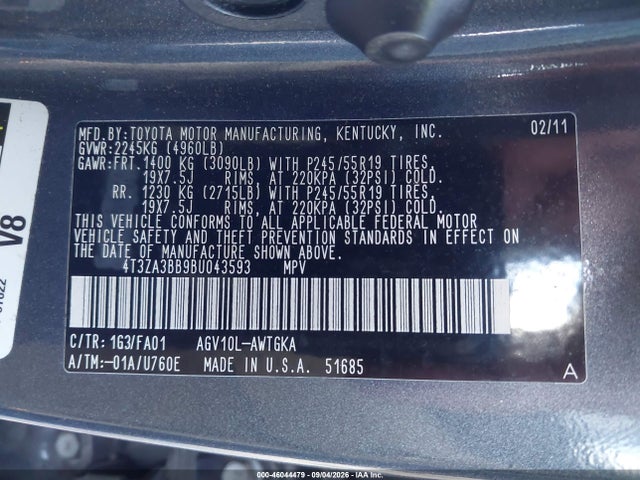 Aukcja sprzedaży 2011 Toyota Venza, vin: 4T3ZA3BB9BU043593, numer aukcji: 46044479
