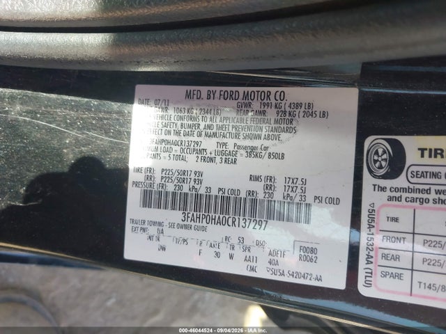 Aukcja sprzedaży 2012 Ford Fusion Se, vin: 3FAHP0HA0CR137297, numer aukcji: 46044524