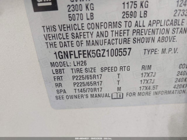 Aukcja sprzedaży 2016 Chevrolet Equinox Lt, vin: 1GNFLFEK5GZ100557, numer aukcji: 46044531