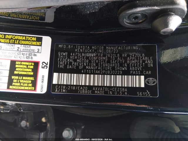 2023 Toyota Camry Se მანქანა იყიდება აუქციონზე, vin: 4T1S11AK2PU830229, აუქციონის ნომერი: 46044543