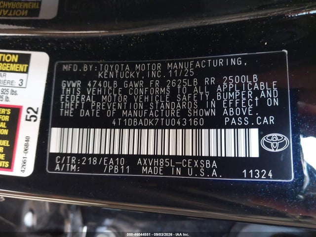 4T1DBADK7TU043160 Toyota CAMRY SE
