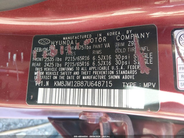 Aukcja sprzedaży 2007 Hyundai Tucson Gls, vin: KM8JM12B87U648715, numer aukcji: 46044554
