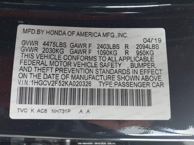 46044556 :رقم المزاد ، 1HGCV2F52KA020326 vin ، 2019 Honda Accord Ex-l 2.0t مزاد بيع