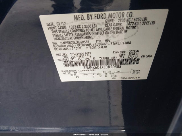 46044557 :رقم المزاد ، 2FMHK6DTXCBD20588 vin ، 2012 Ford Flex Limited مزاد بيع