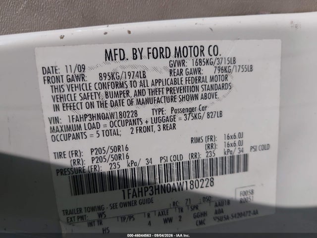 Aukcja sprzedaży 2010 Ford Focus Sel, vin: 1FAHP3HN0AW180228, numer aukcji: 46044563