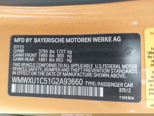 Aukcja sprzedaży 2016 Mini Hardtop Cooper, vin: WMWXU1C51G2A93660, numer aukcji: 46044583