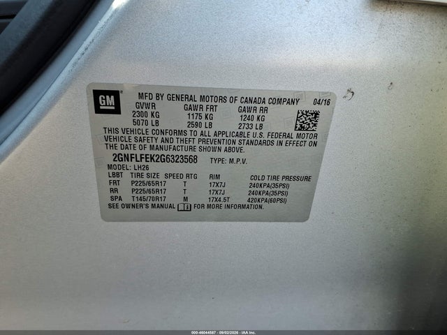 2016 Chevrolet Equinox Lt მანქანა იყიდება აუქციონზე, vin: 2GNFLFEK2G6323568, აუქციონის ნომერი: 46044587