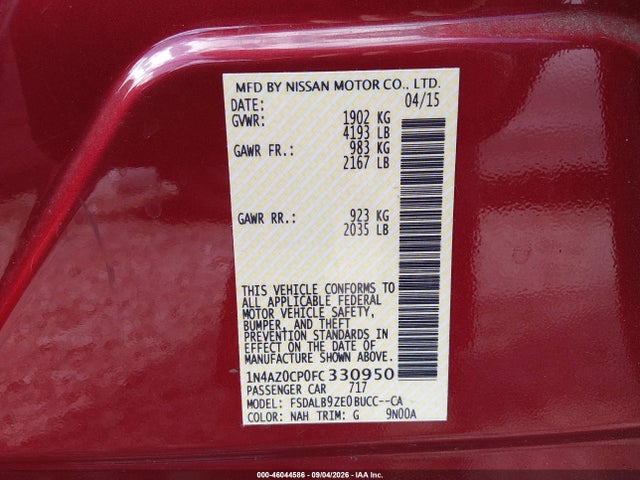 Продаж на аукціоні авто 2015 Nissan Leaf S, vin: 1N4AZ0CP0FC330950, номер лоту: 46044586