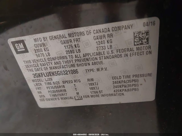 2016 Gmc Terrain Slt მანქანა იყიდება აუქციონზე, vin: 2GKFLUEK5G6321086, აუქციონის ნომერი: 46044592