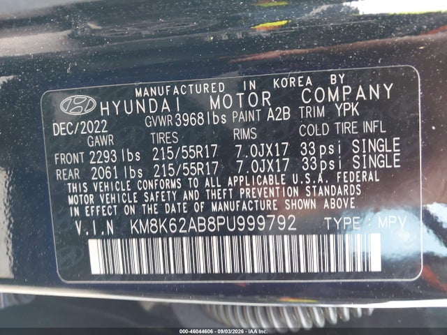 Aukcja sprzedaży 2023 Hyundai Kona Sel, vin: KM8K62AB8PU999792, numer aukcji: 46044606