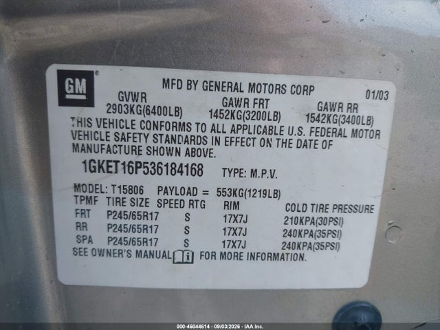 Продажа на аукционе авто 2003 Gmc Envoy Xl Slt, vin: 1GKET16P536184168, номер лота: 46044614