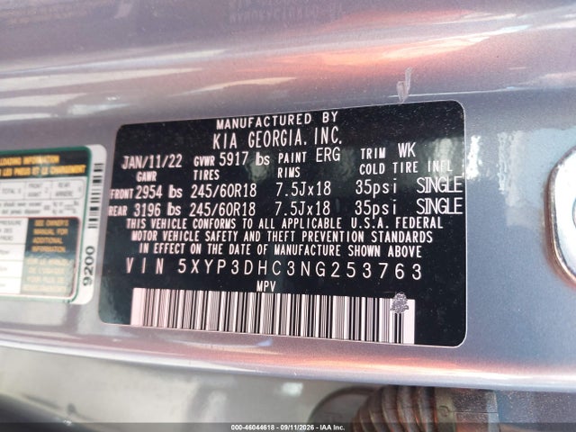 Aukcja sprzedaży 2022 Kia Telluride Ex, vin: 5XYP3DHC3NG253763, numer aukcji: 46044618
