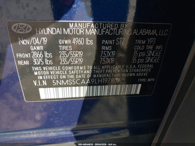 Aukcja sprzedaży 2020 Hyundai Santa Fe Limited 2.0t, vin: 5NMS5CAA9LH197807, numer aukcji: 46044635