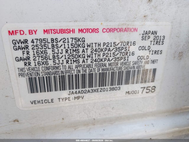 Aukcja sprzedaży 2014 Mitsubishi Outlander Es, vin: JA4AD2A3XEZ013803, numer aukcji: 46044637