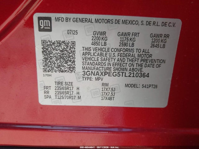 Продаж на аукціоні авто 2026 Chevrolet Equinox Awd Lt, vin: 3GNAXPEG5TL210364, номер лоту: 46044641