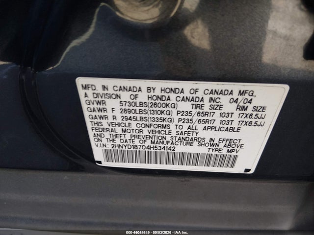 Aukcja sprzedaży 2004 Acura Mdx, vin: 2HNYD18704H534142, numer aukcji: 46044649