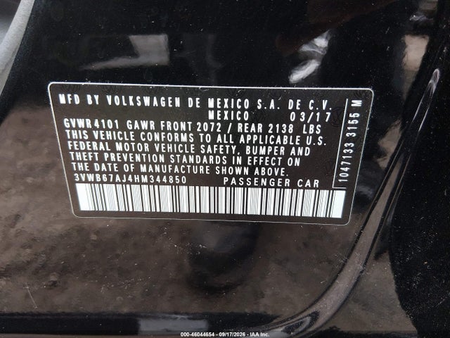2017 Volkswagen Jetta 1.4t Se მანქანა იყიდება აუქციონზე, vin: 3VWB67AJ4HM344850, აუქციონის ნომერი: 46044654