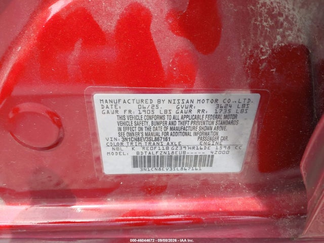 Продаж на аукціоні авто 2025 Nissan Versa 1.6 Sv, vin: 3N1CN8EV3SL867161, номер лоту: 46044672
