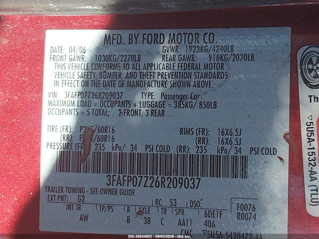 Продаж на аукціоні авто 2006 Ford Fusion Se, vin: 3FAFP07Z26R209037, номер лоту: 46044692