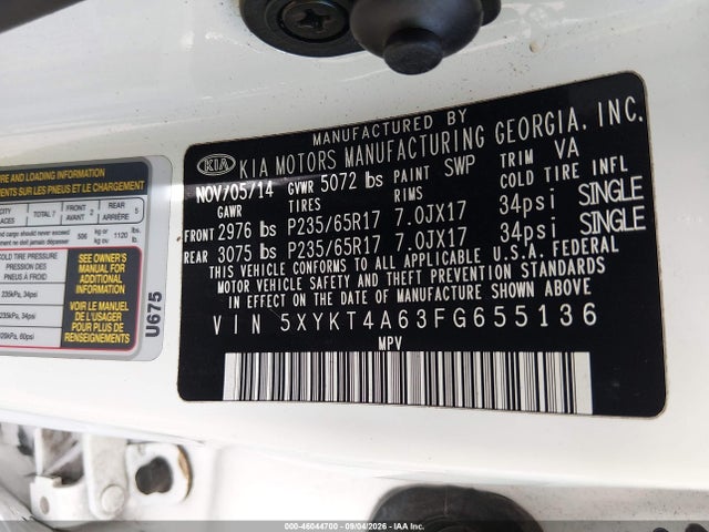Aukcja sprzedaży 2015 Kia Sorento Lx, vin: 5XYKT4A63FG655136, numer aukcji: 46044700