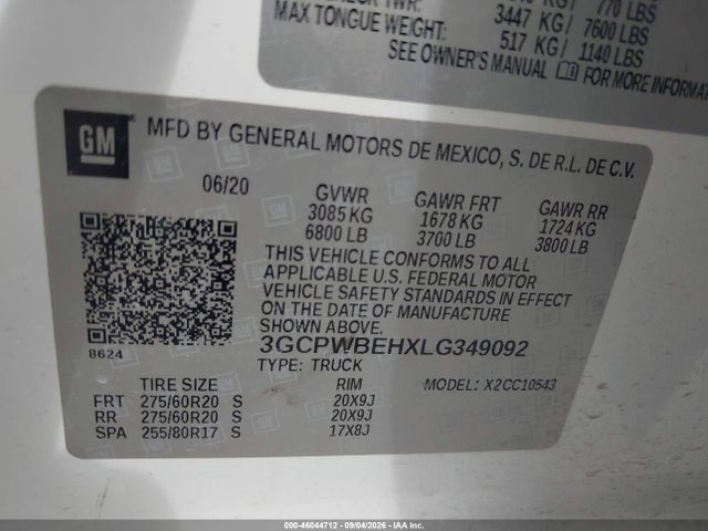 3GCPWBEHXLG349092 Chevrolet Silverado 1500 2wd Short Bed Custom