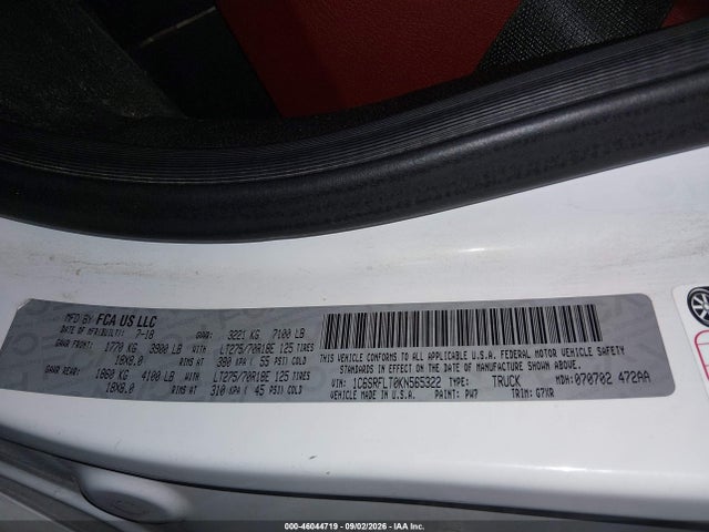 46044719 :رقم المزاد ، 1C6SRFLT0KN565322 vin ، 2019 Ram 1500 Rebel  4x4 5'7 Box مزاد بيع