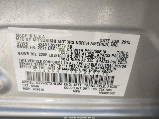 2015 Mitsubishi Outlander Sport Se მანქანა იყიდება აუქციონზე, vin: 4A4AP4AU1FE042836, აუქციონის ნომერი: 46044722
