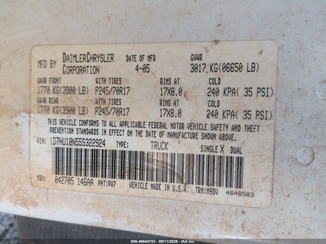 46044752 :رقم المزاد ، 1D7HU18N55S322924 vin ، 2005 Dodge Ram 1500 Slt/laramie مزاد بيع