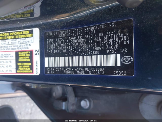 Aukcja sprzedaży 2021 Toyota Camry Se, vin: 4T1G11AK6MU542800, numer aukcji: 46044753