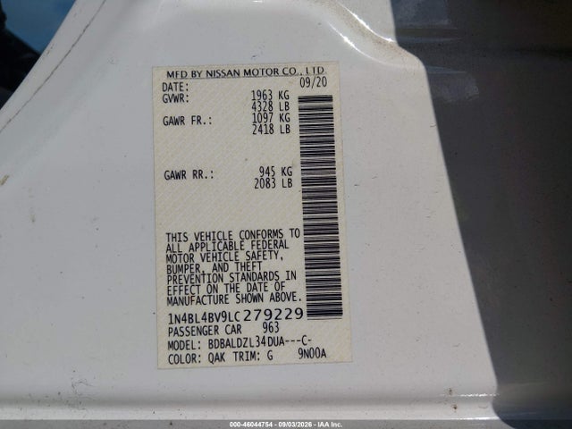 Продажа на аукционе авто 2020 Nissan Altima S Fwd, vin: 1N4BL4BV9LC279229, номер лота: 46044754