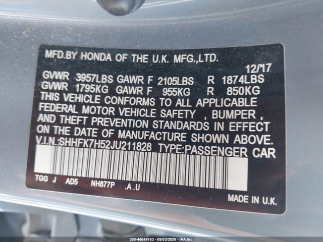 SHHFK7H52JU211828 Honda CIVIC EX
